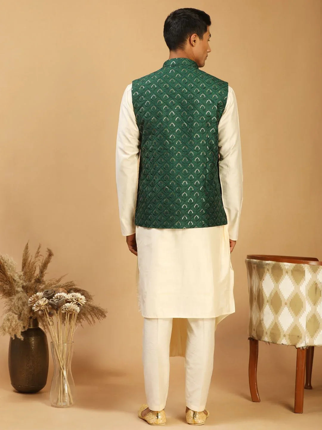 Men's Green Embroidered Nehru Jacket Set with Cream Self Design Kurta & Viscose Pyjama