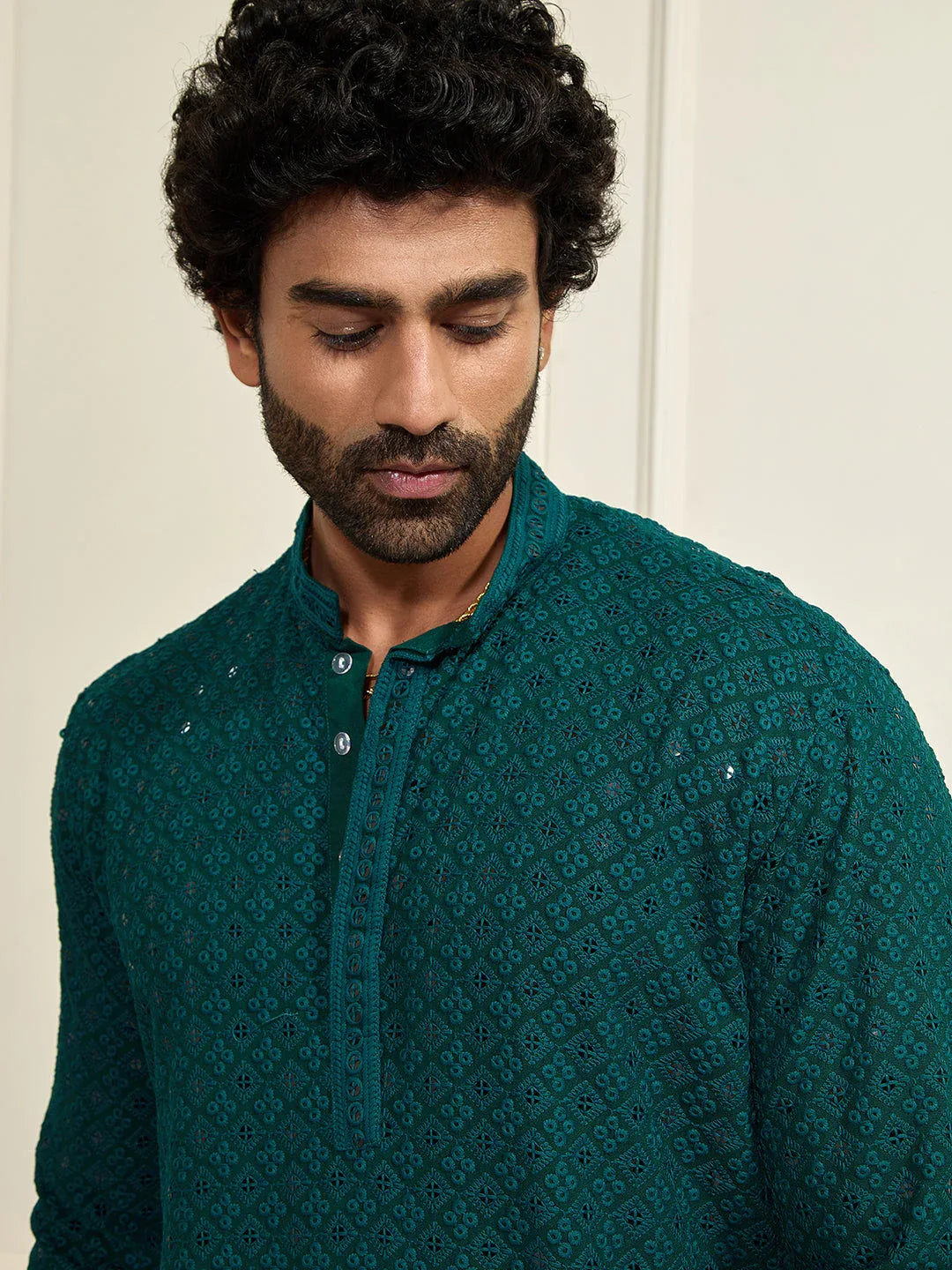 Men's Green Rayon Schiffli  Kurta