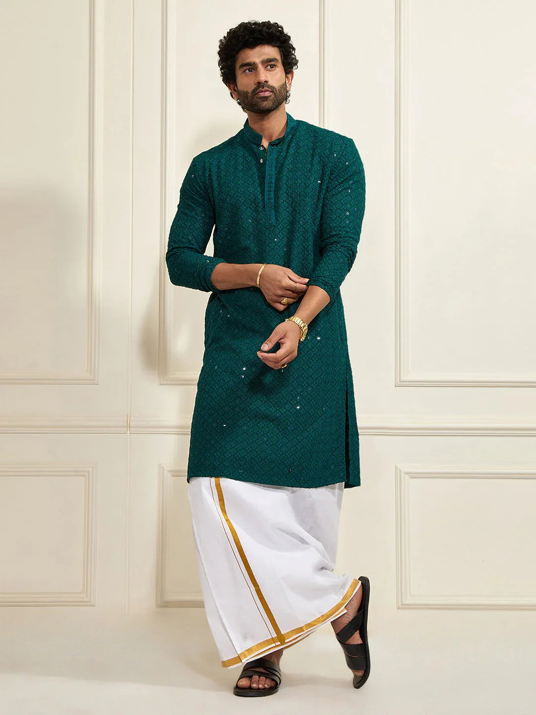 Men's Green Rayon Schiffli  Kurta