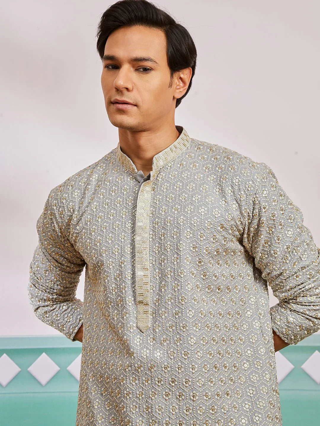 Men's Grey Chikankari Rayon Kurta with Cream Fine Satin Pyjama