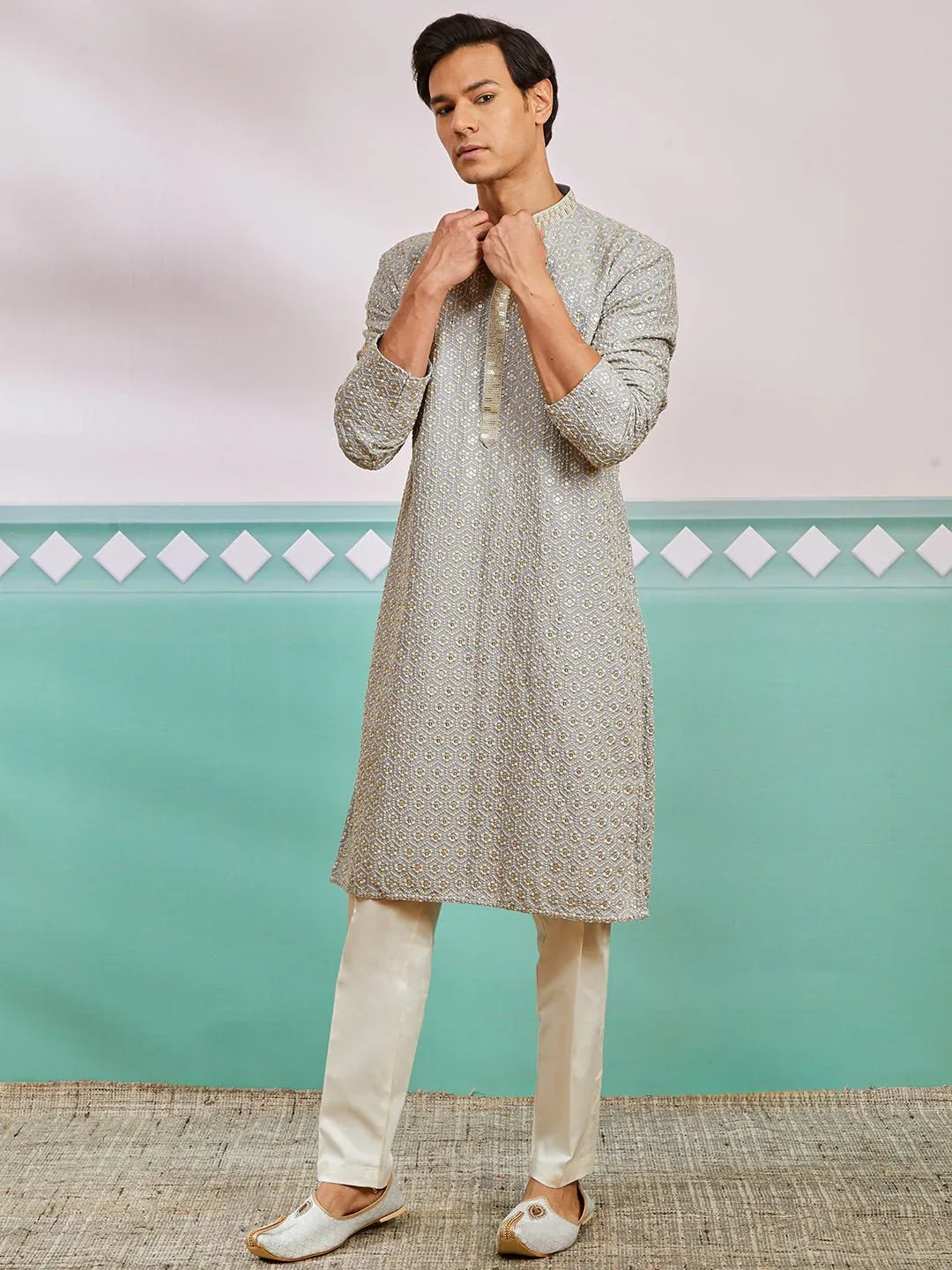 Men's Grey Chikankari Rayon Kurta with Cream Fine Satin Pyjama