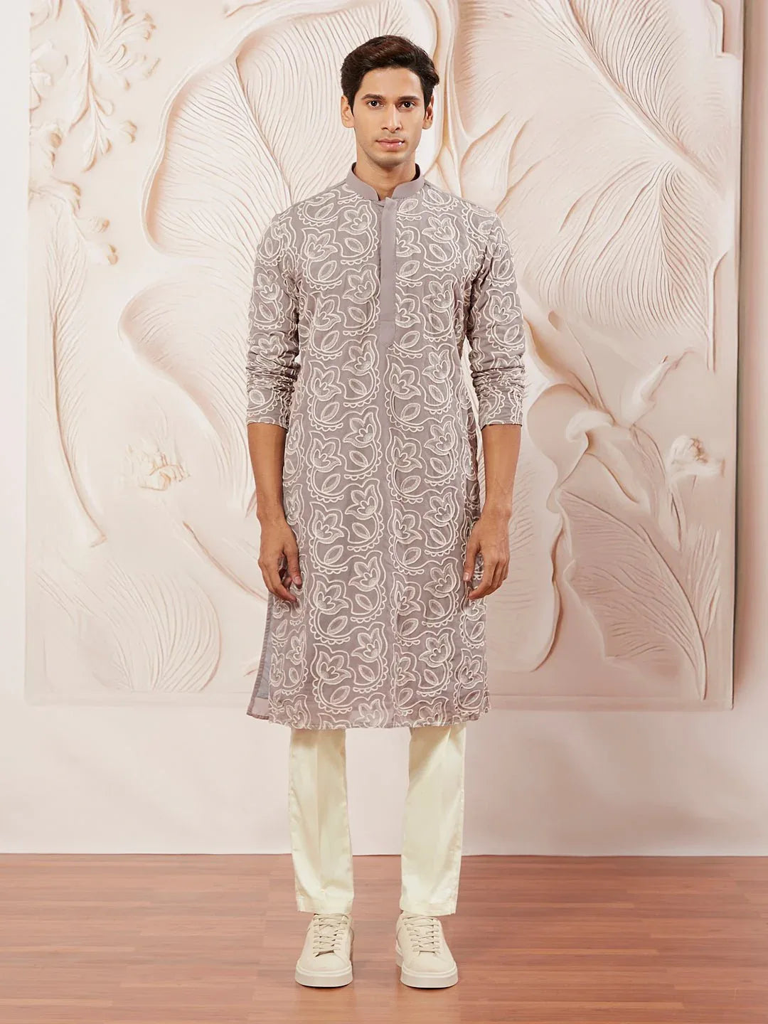 Men's Lavender Embroidered Fox Georgette Kurta Pyjama Set