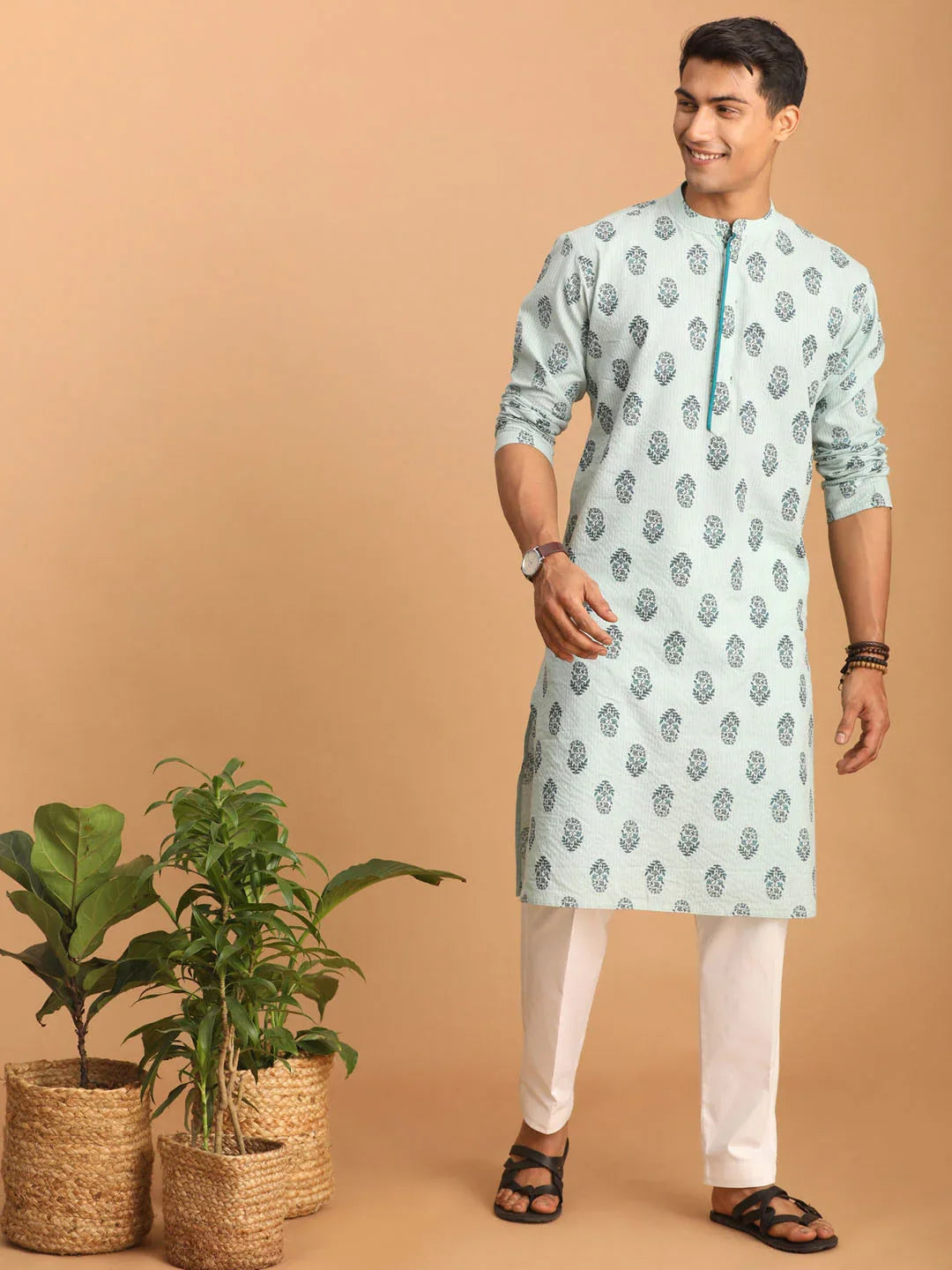 Men's Light Green Ethnic Motif Printed Kurta With White Pant Set