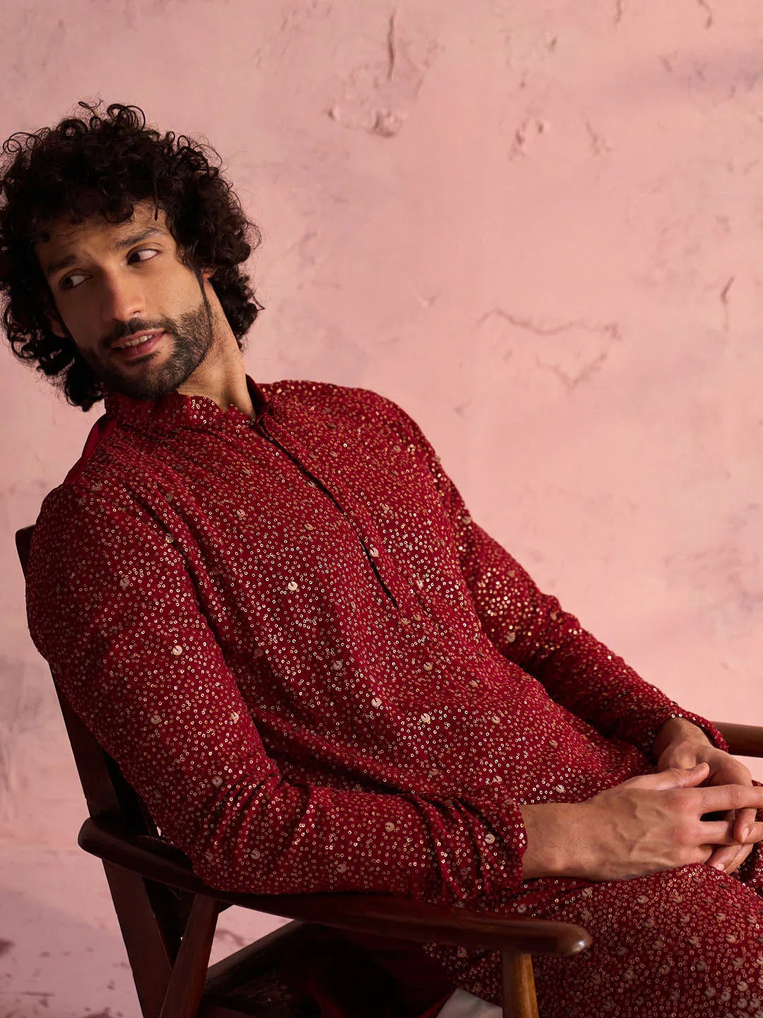 Men's Maroon Georgette Zari With Sequins Worked Kurta Pant Set