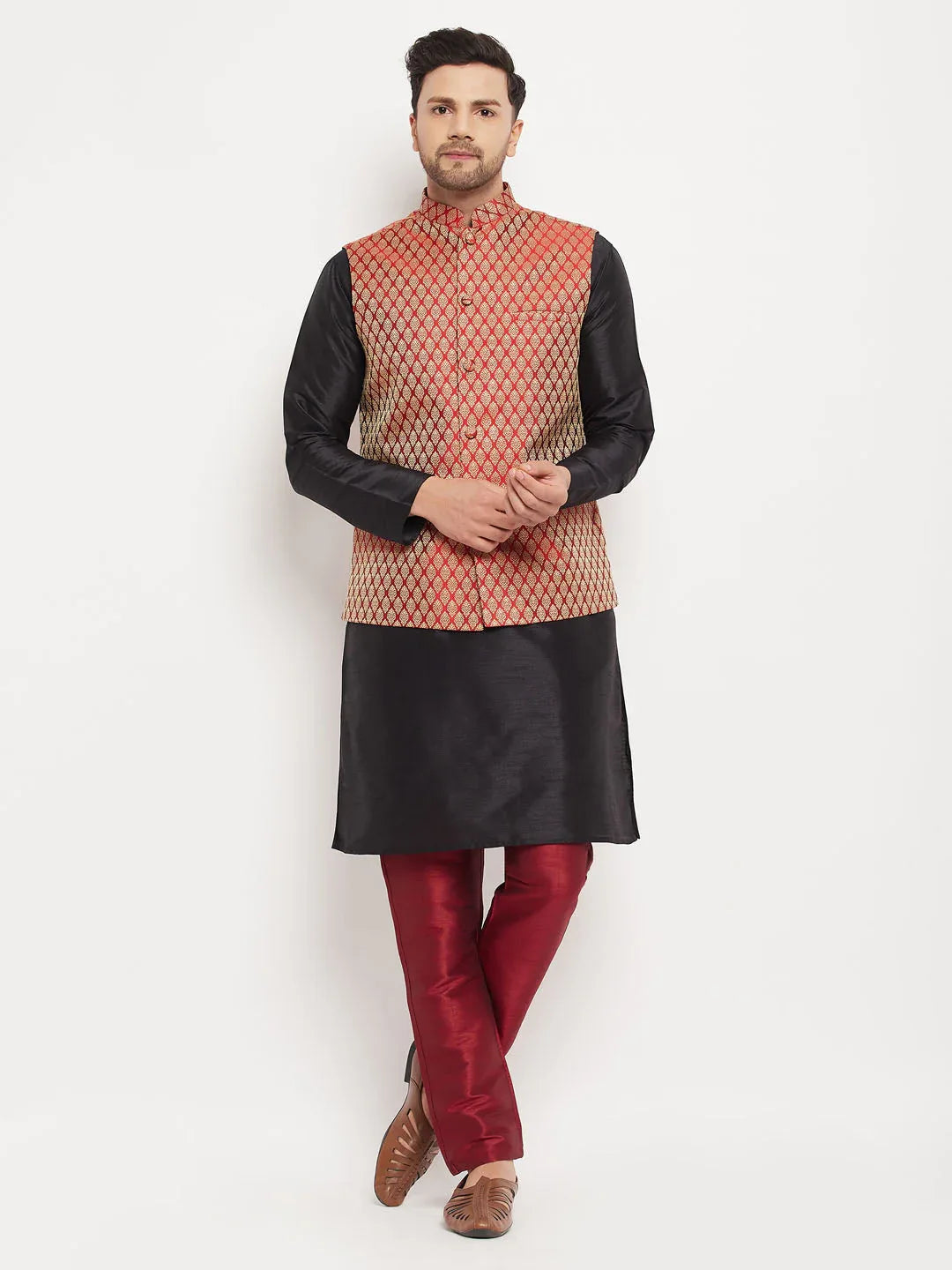 Men's Maroon Silk Blend Ethnic Jacket, Black Kurta And Maroon Pant Style Pyjama Set