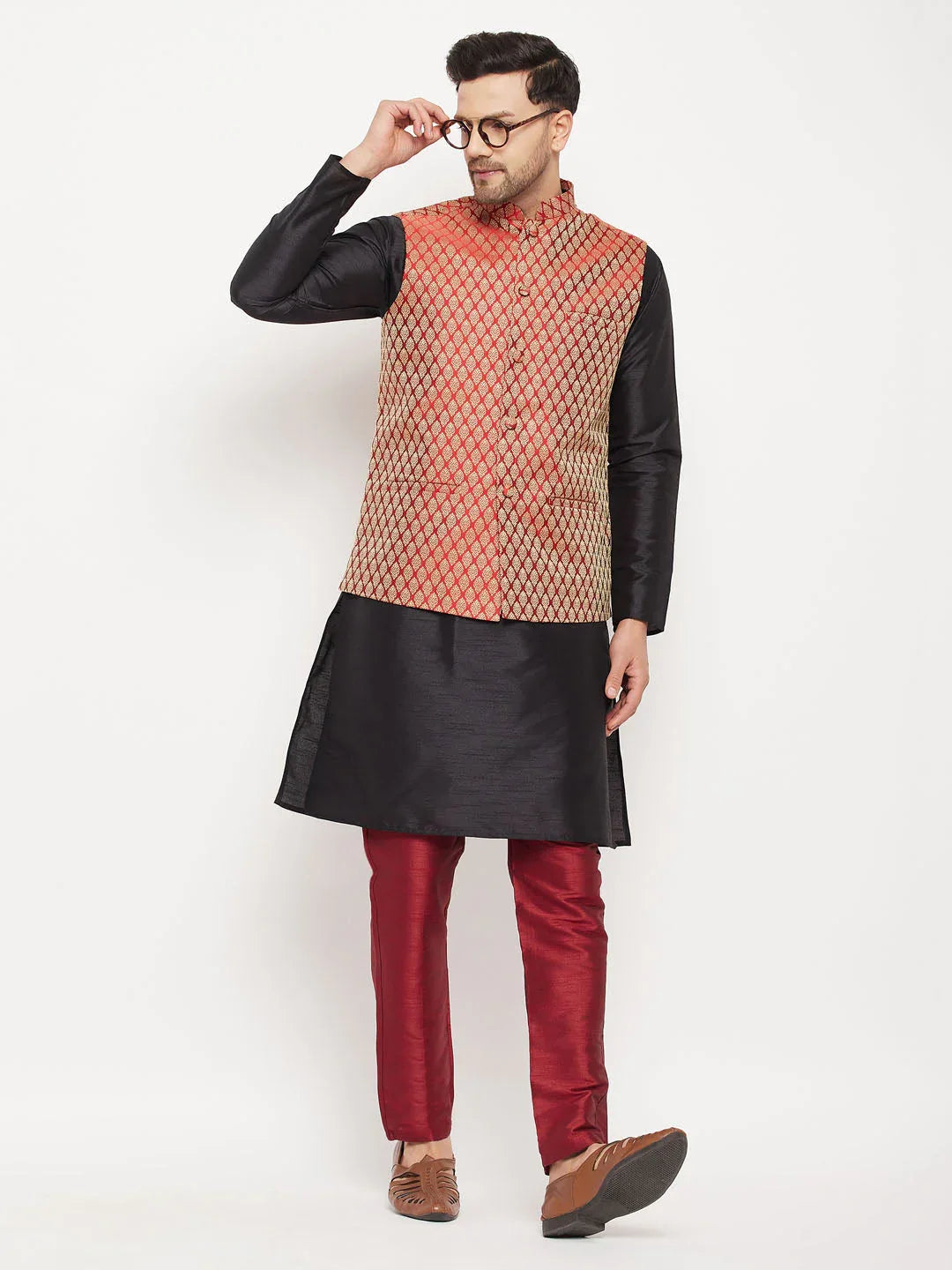 Men's Maroon Silk Blend Ethnic Jacket, Black Kurta And Maroon Pant Style Pyjama Set