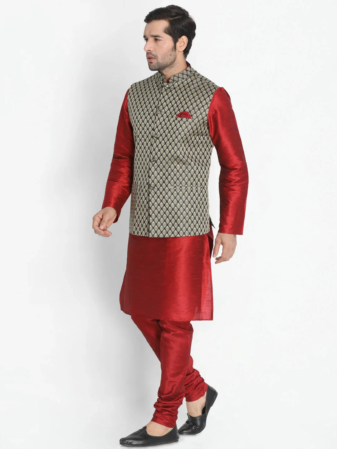 Men's Maroon Silk Blend Jacket With Kurta Pyjama Set