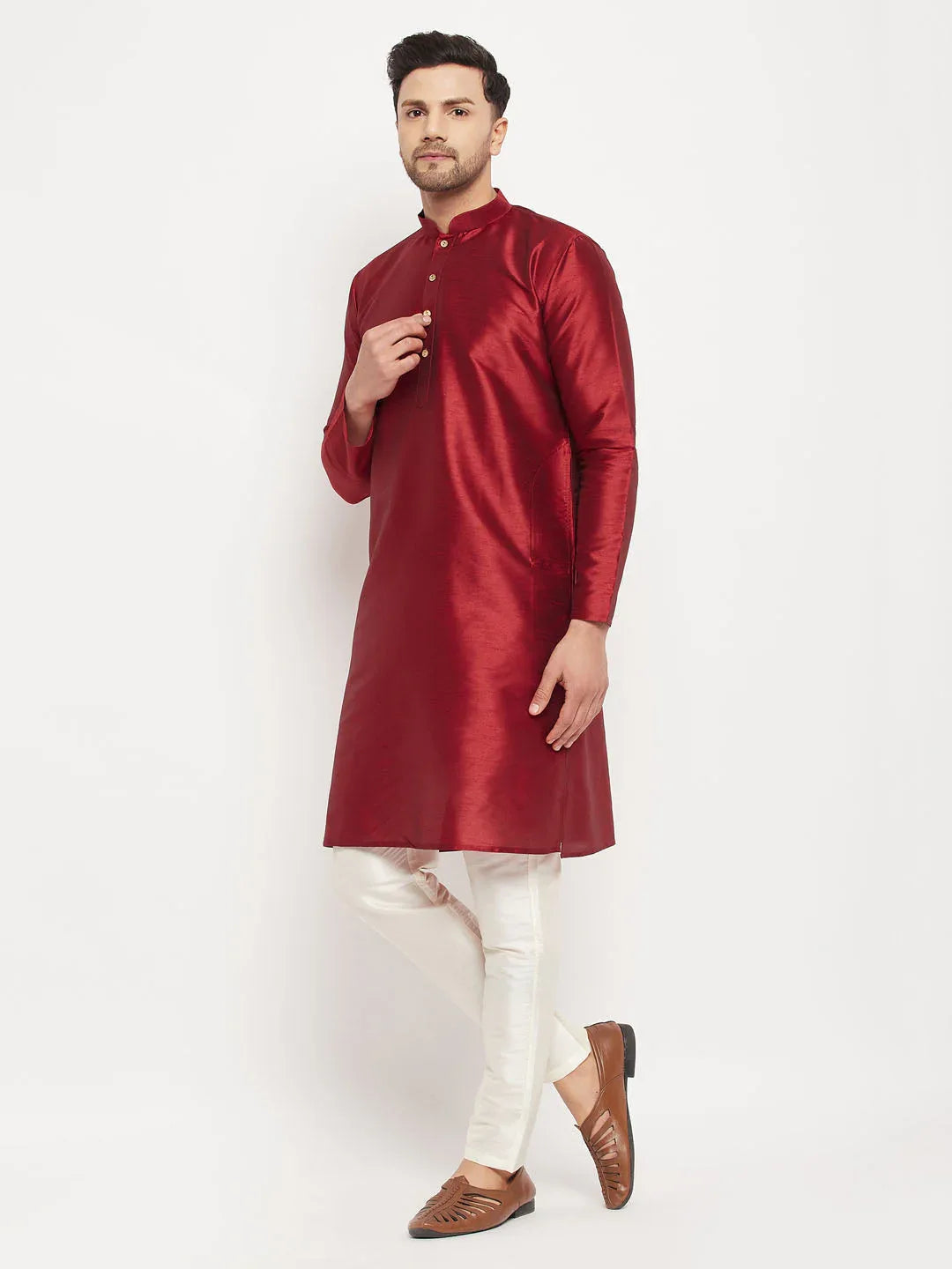 Men's Maroon Silk Blend Kurta And Cream Pant Style Pyjama Set