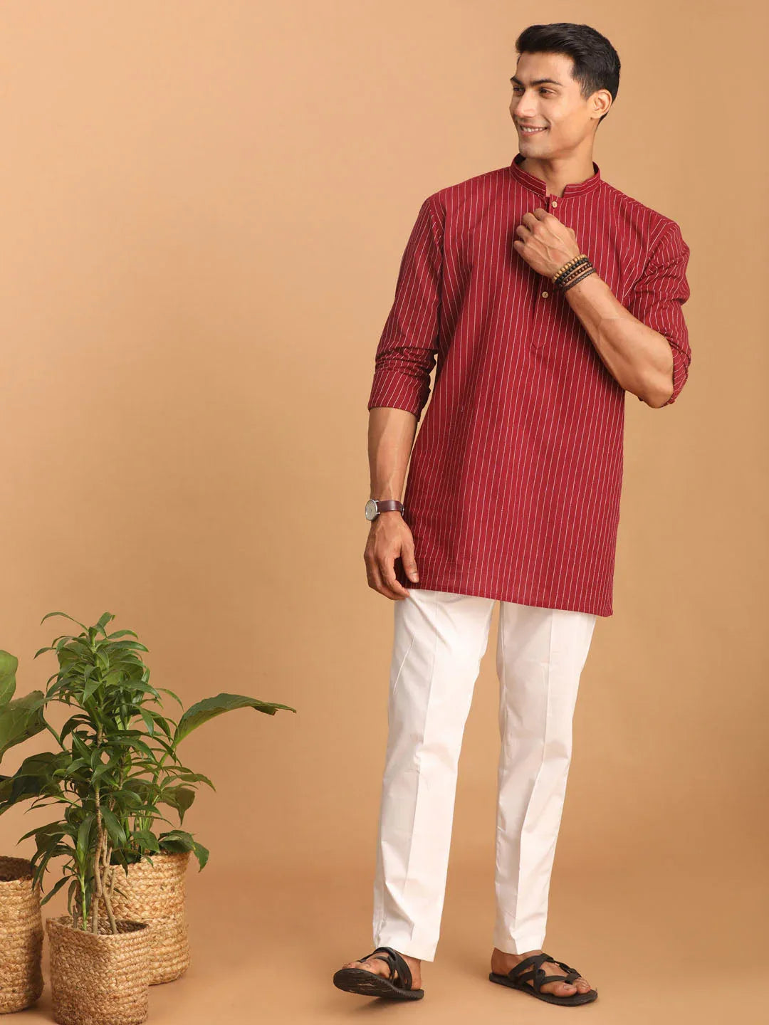 Men's Maroon Striped Cotton Short Kurta With White Pant Set