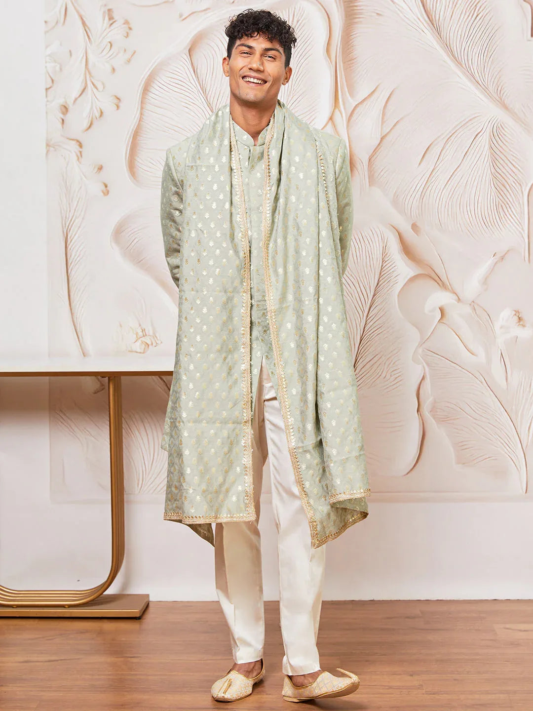 Men's Mint Green Cotton Blend Indowestern Pant And Dupatta Set