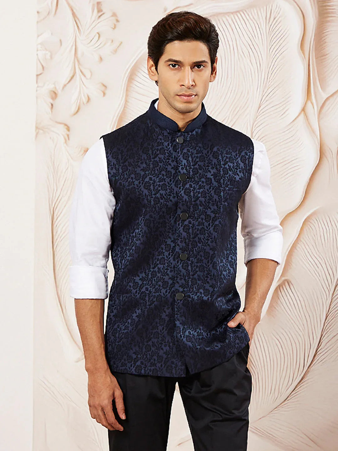 formal dress with nehru jacket Men's Navy Blue - | Vastramay Clothing V-Neck Slip Dress Bottle Green