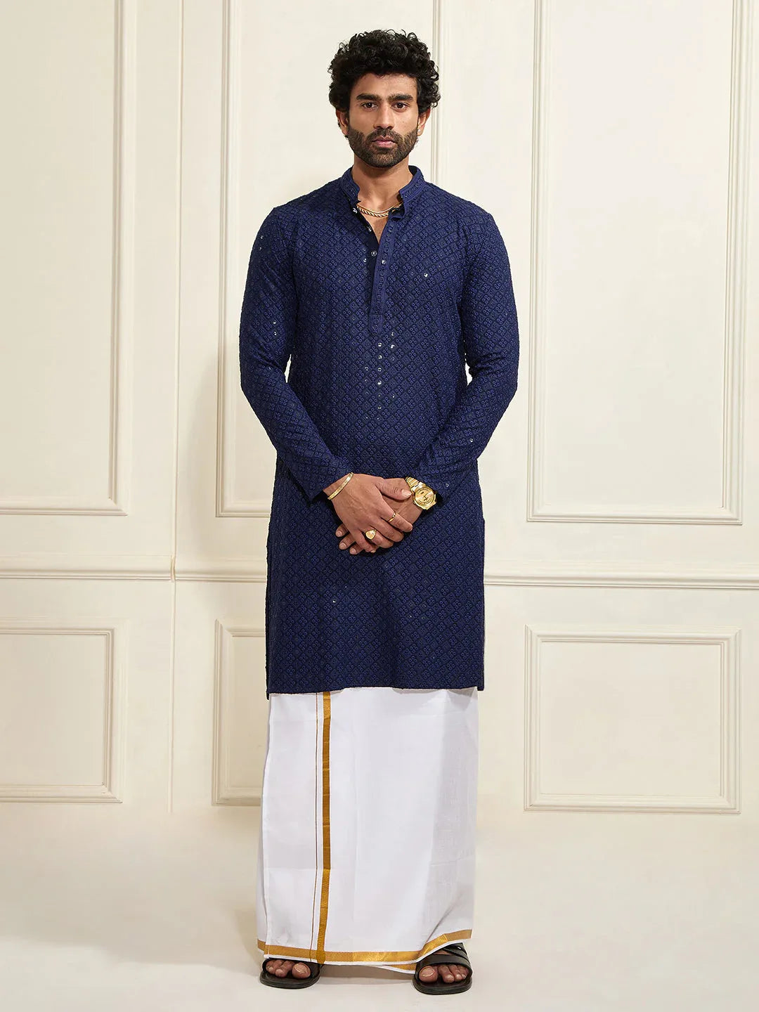 Men's Navy Blue Rayon Cotton Kurta And Mundu Set