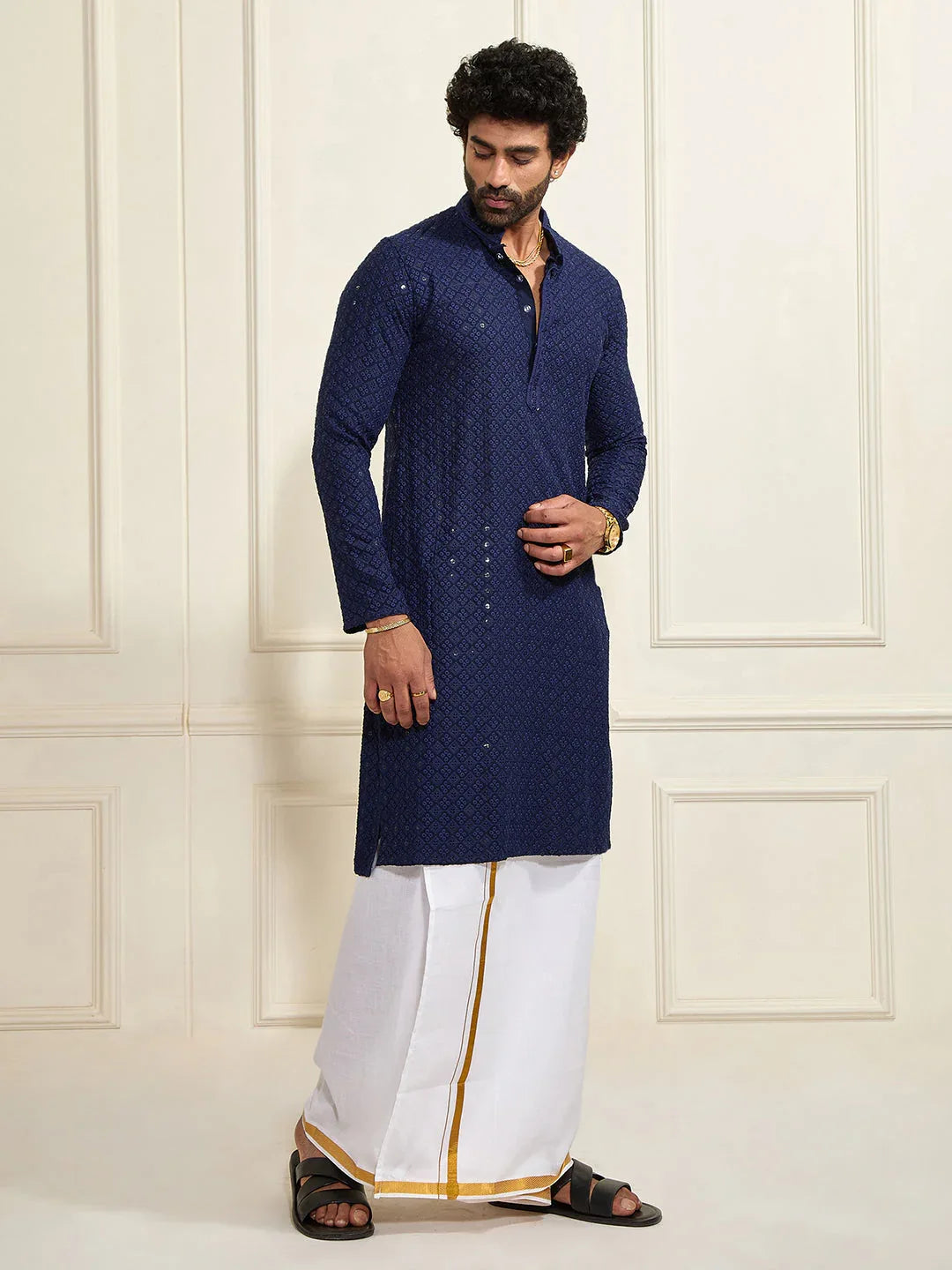 Men's Navy Blue Rayon Cotton Kurta And Mundu Set