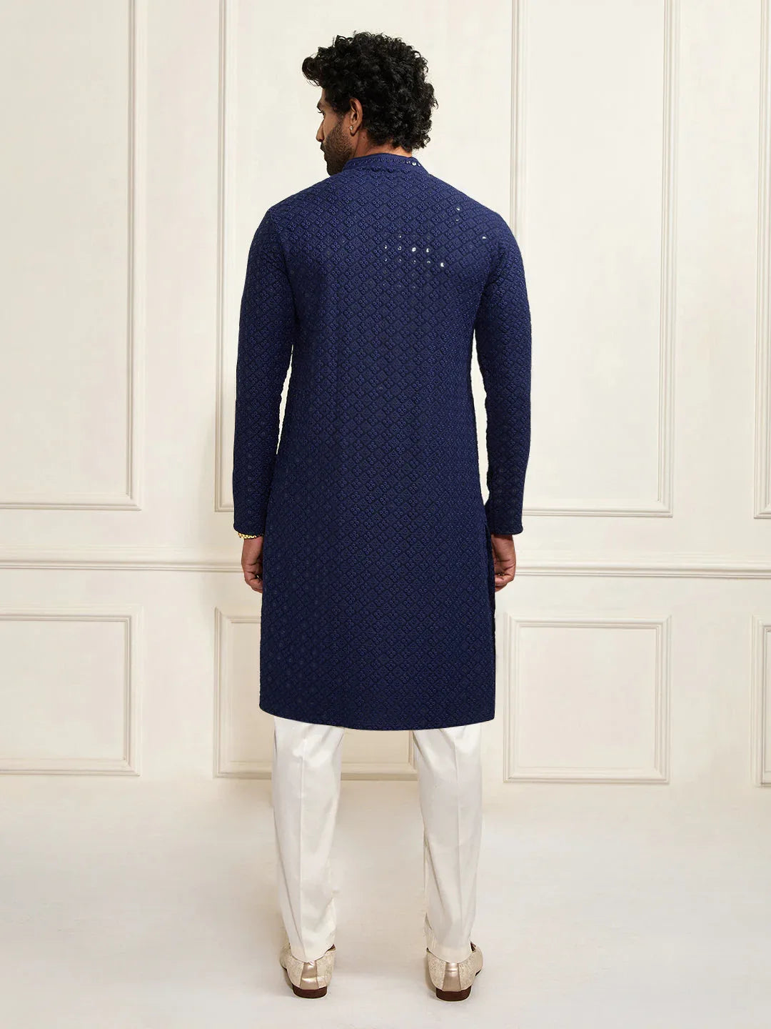 Men’s Navy Blue Shifli Sequin Embroidered Kurta with Cream Pyjama Set