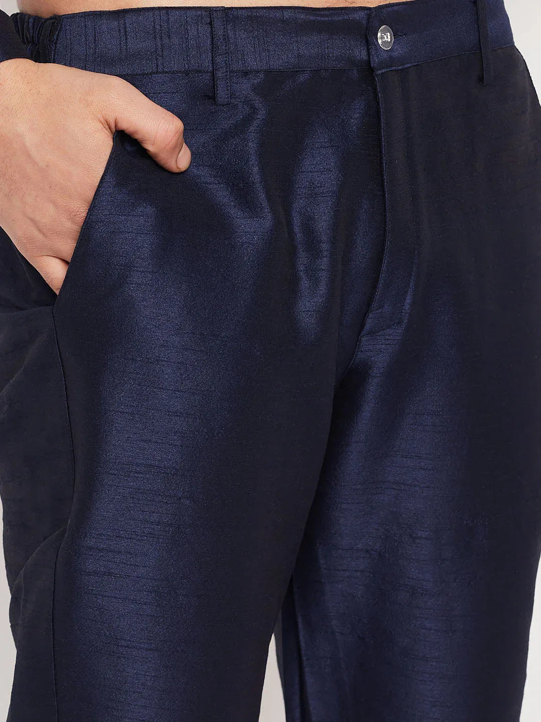 Men's Navy Blue Silk Blend Kurta And Navy Blue Pant Style Pyjama Set