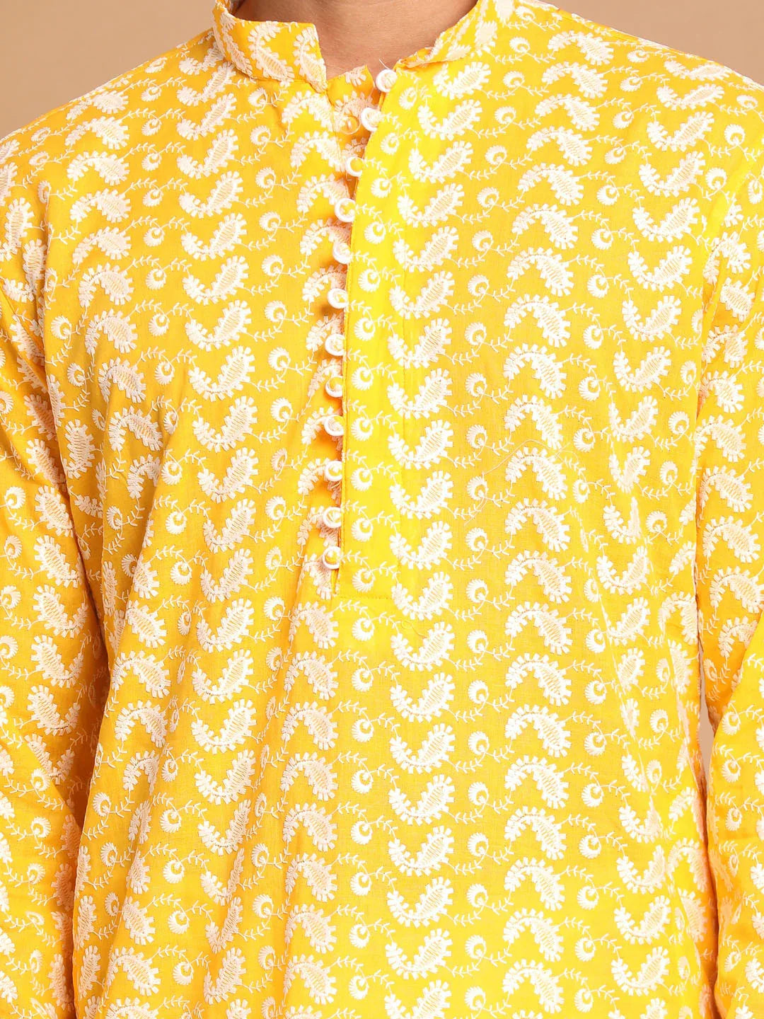 Men's Orange Pure Cotton Chikankari Kurta With Dhoti Set