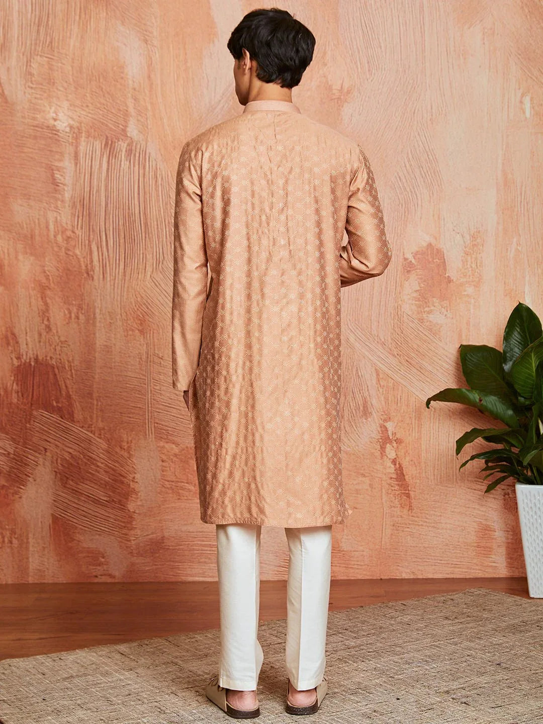 Men’s Peach Silk Blend Jacquard Kurta with Cream Pyjama