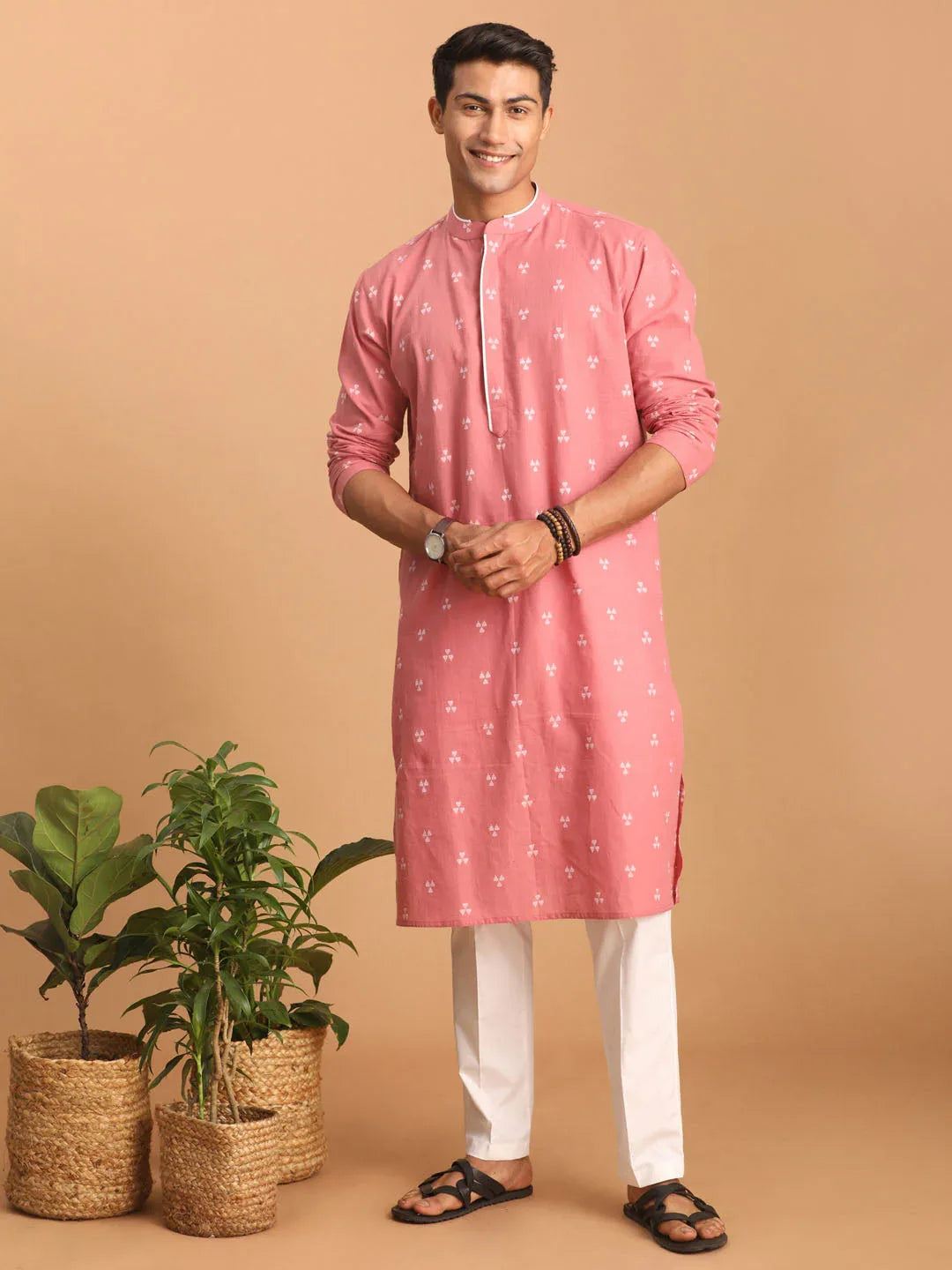 Men's Pink Geometric Booti Jacquard Kurta With White Pant Set