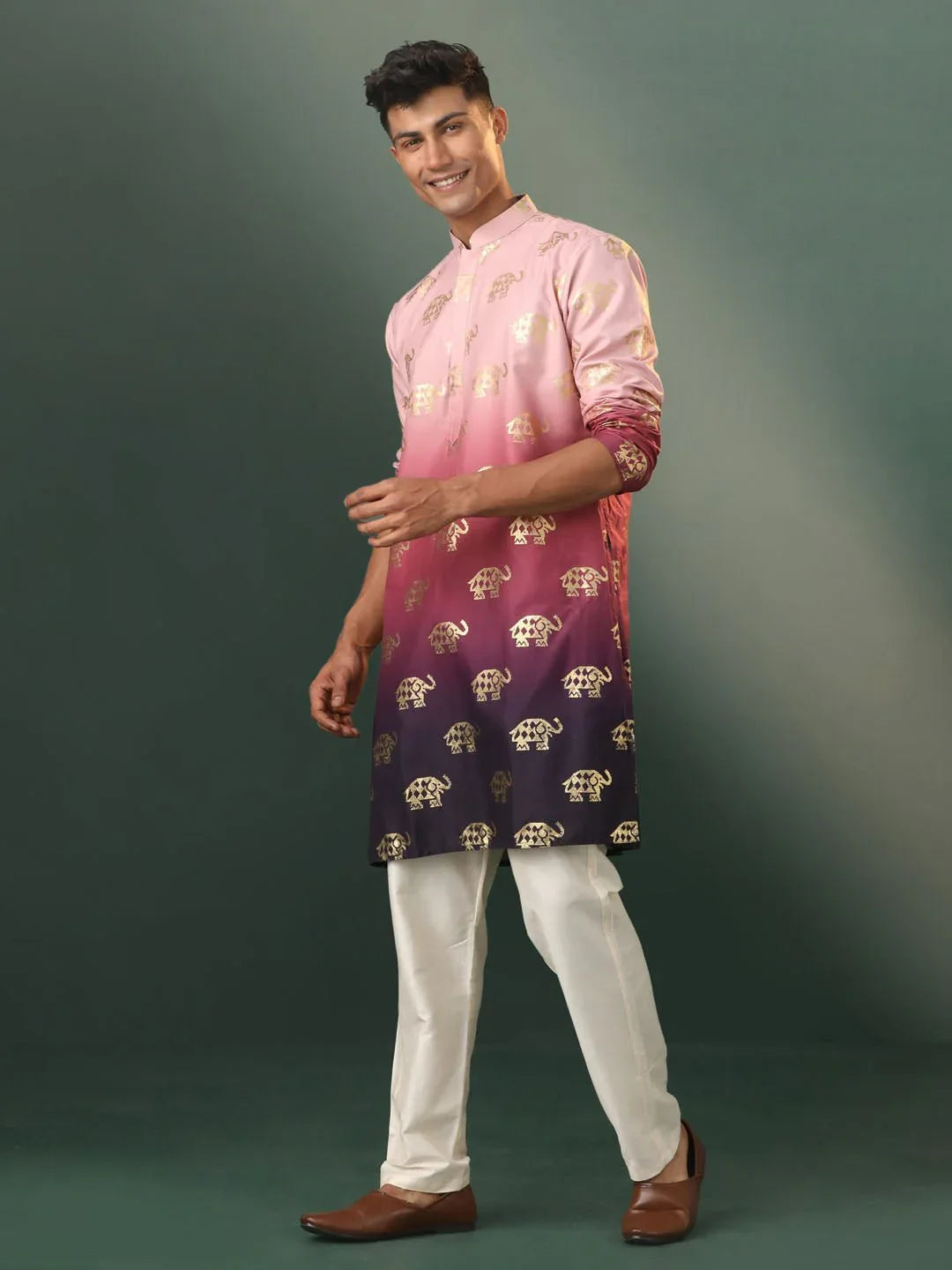 Men’s Pink Silk Blend Foil Elephant Print Kurta with Cream Pyjama Set