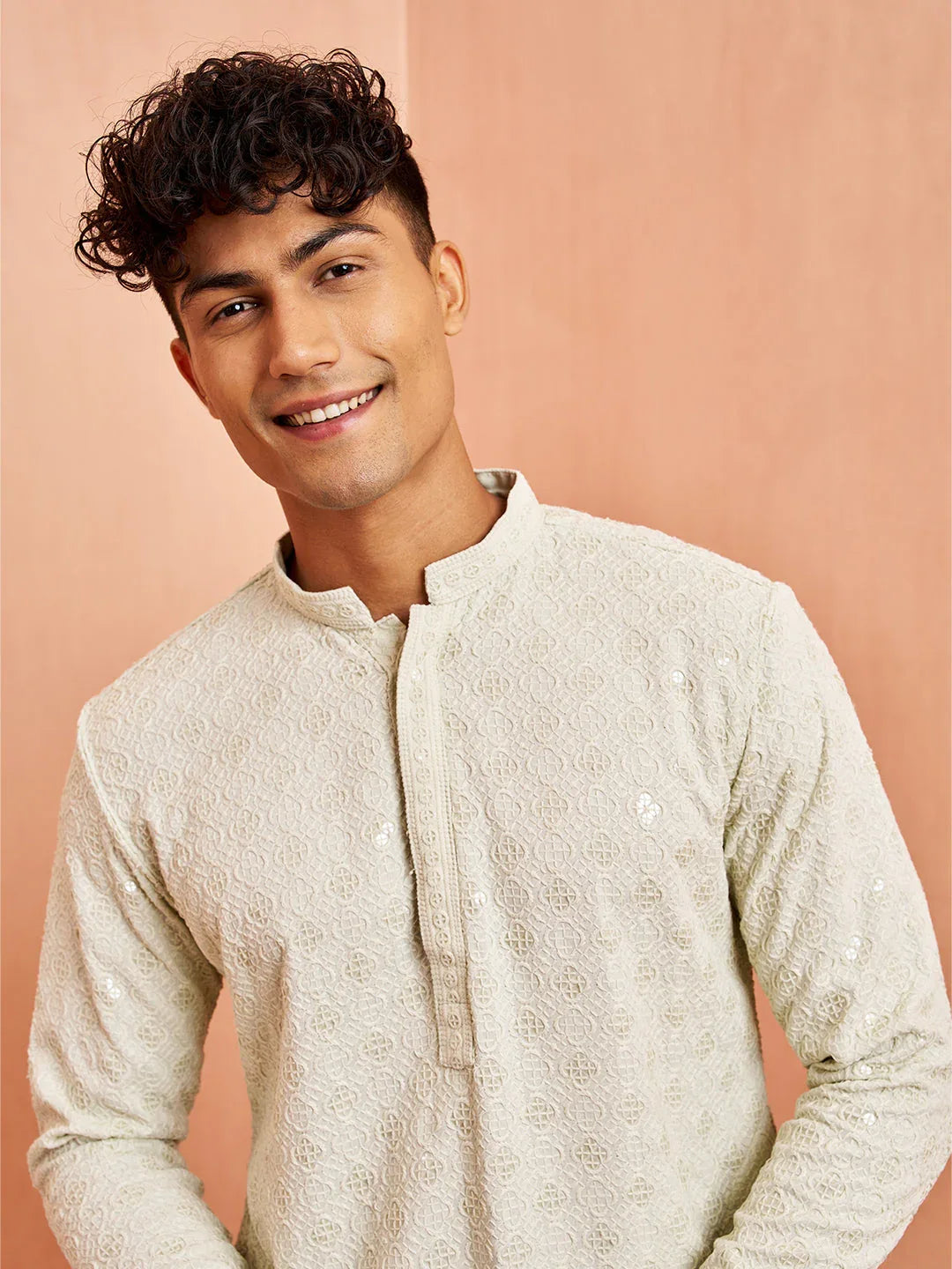 Men's Pista Green Chikankari Kurta with Cream Pant Set