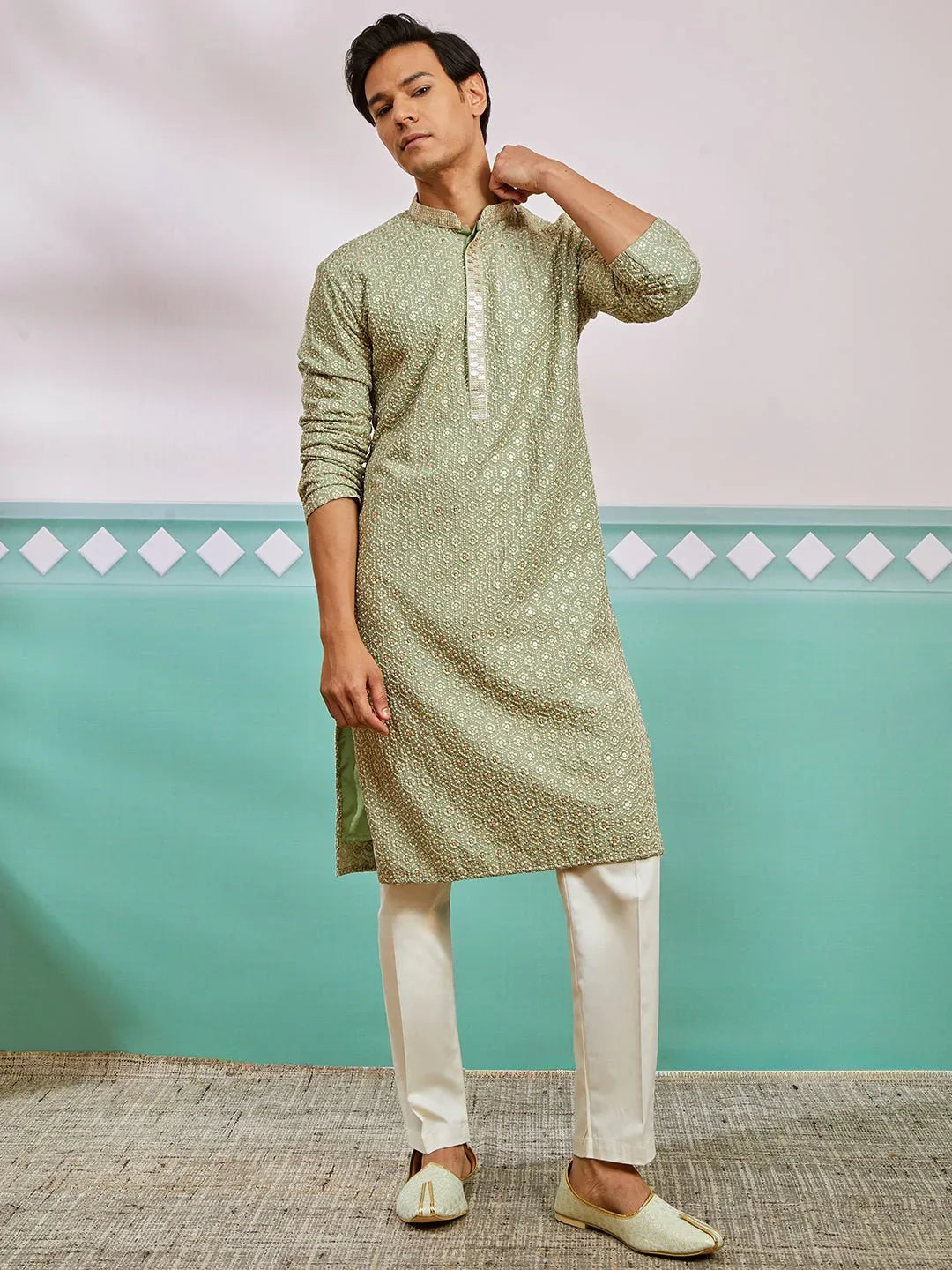 Men's Pista Green Chikankari Rayon Kurta with Cream Fine Satin Pyjama