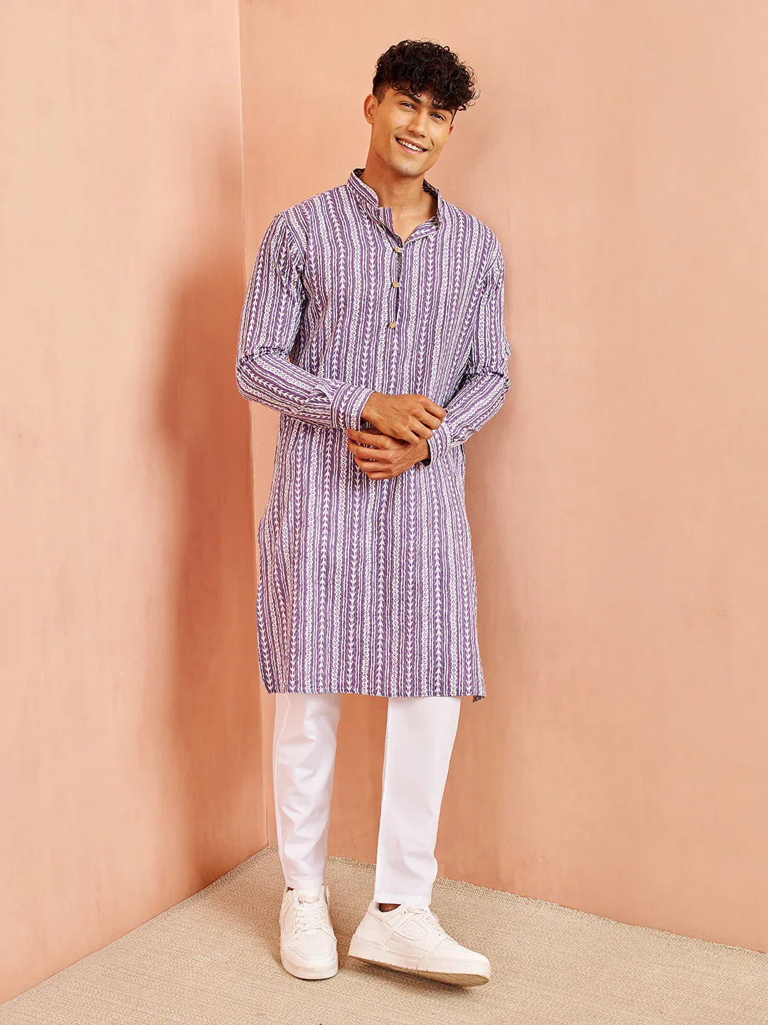 Men's Purple And White Batik Printed Kurta With White Pant Set