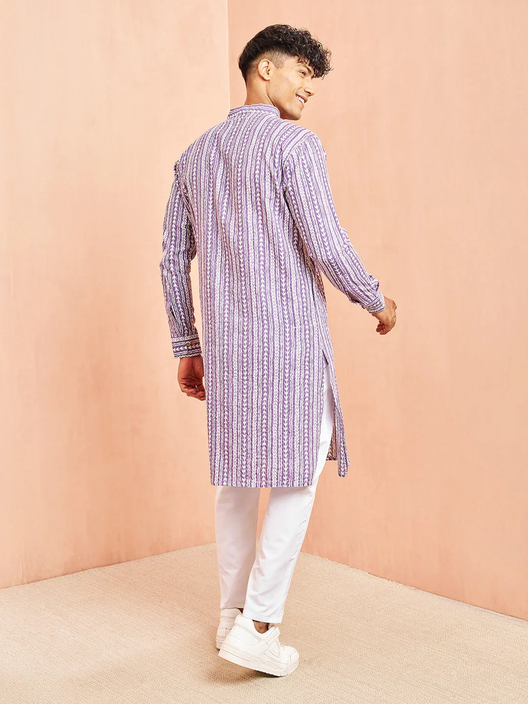 Men's Purple And White Batik Printed Kurta With White Pant Set