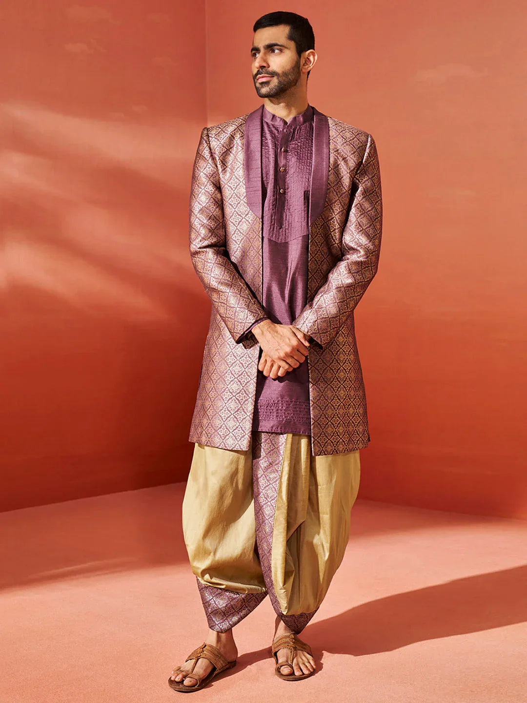 Men's Purple Silk Blend Sherwani Set