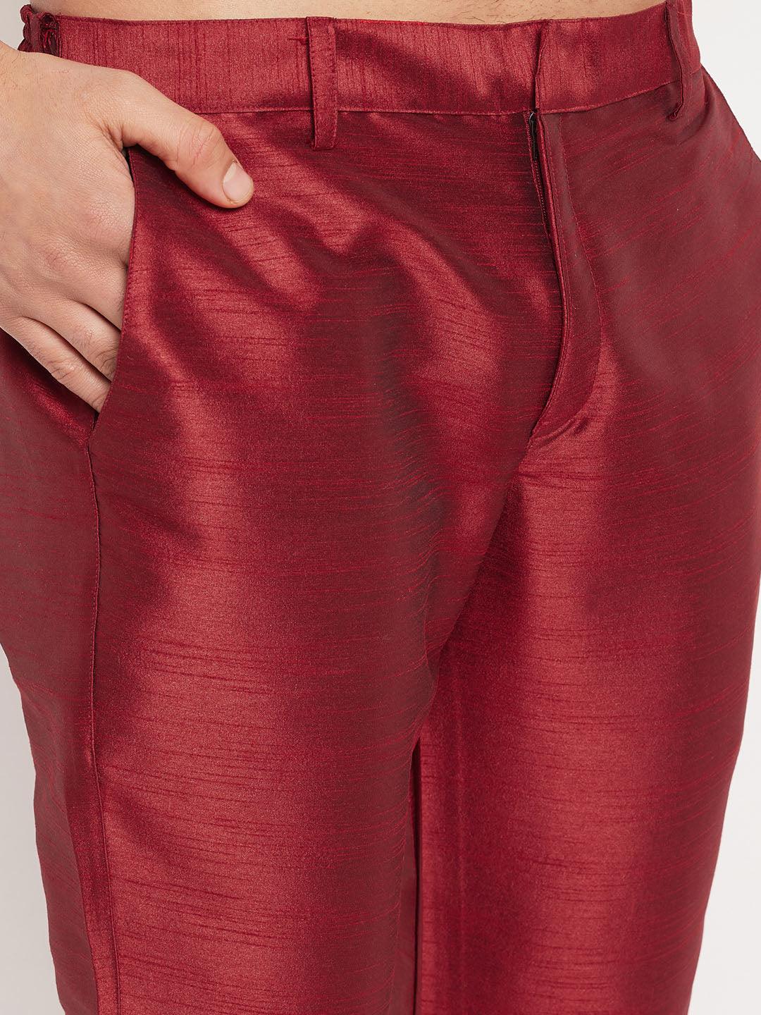 Men's Rose Gold Silk Blend Kurta And Maroon Pant Style Pyjama Set