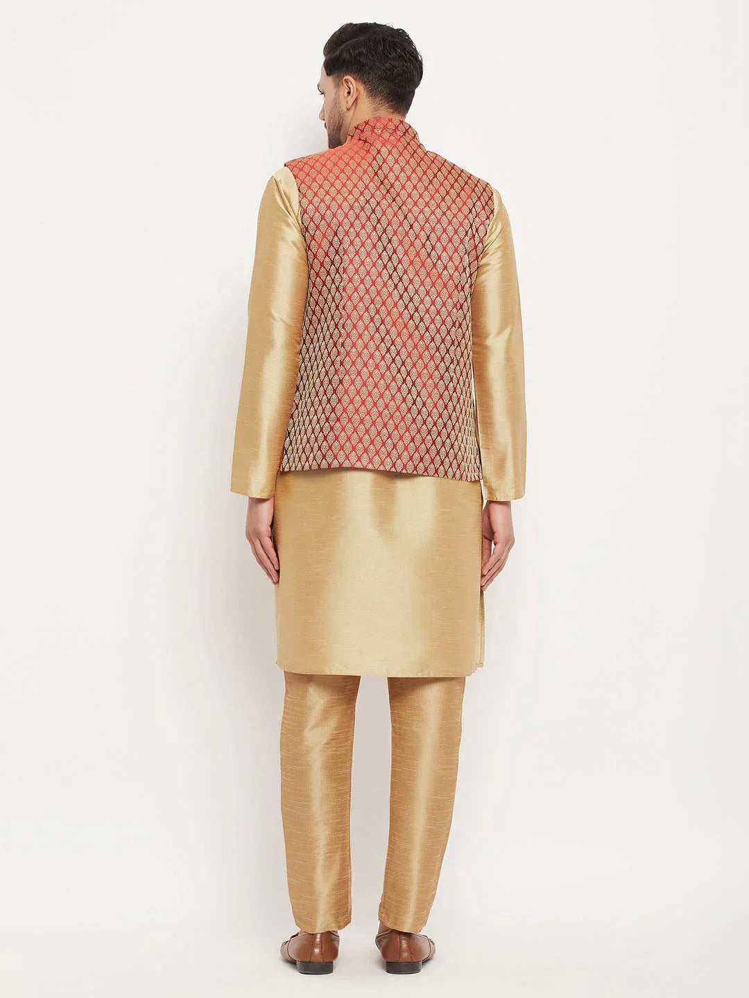 Men's Rose Gold Silk Blend Kurta And Pant Style Pyjama With Maroon Woven Nehru Jacket