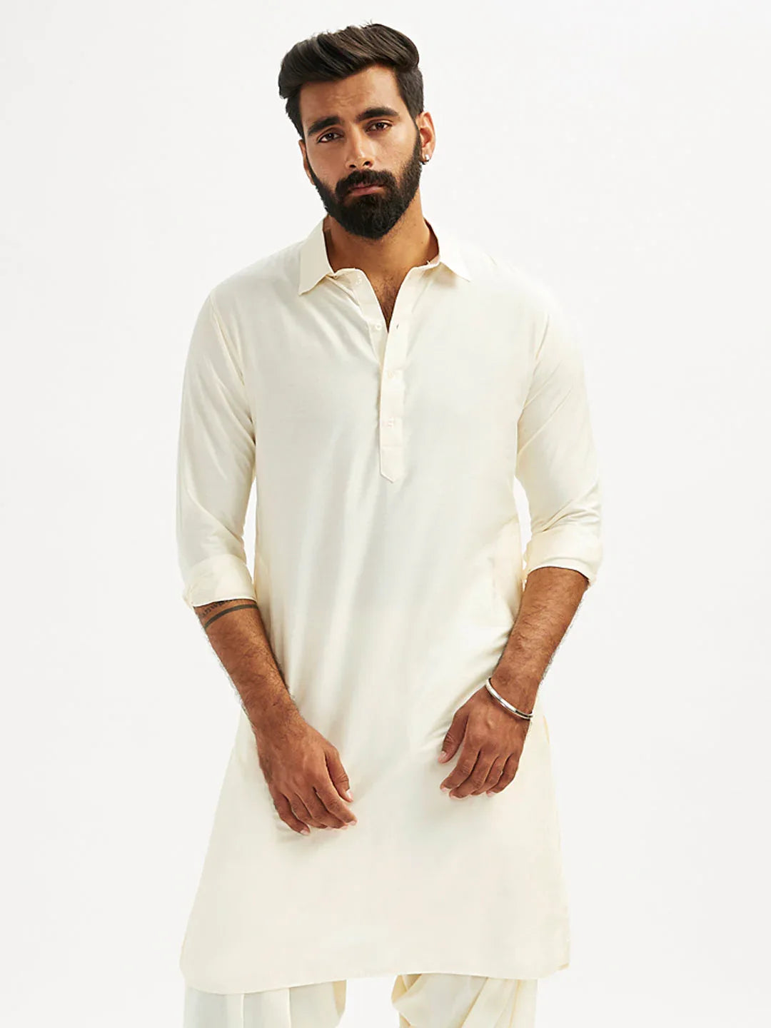 Men’s Solid Cotton Pathani Kurta with Shirt Collar and Full Sleeves