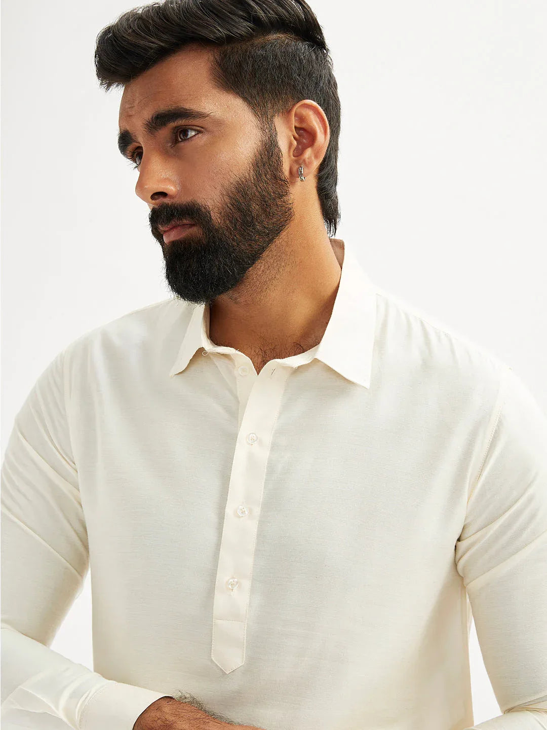 Men’s Solid Cotton Pathani Kurta with Shirt Collar and Full Sleeves