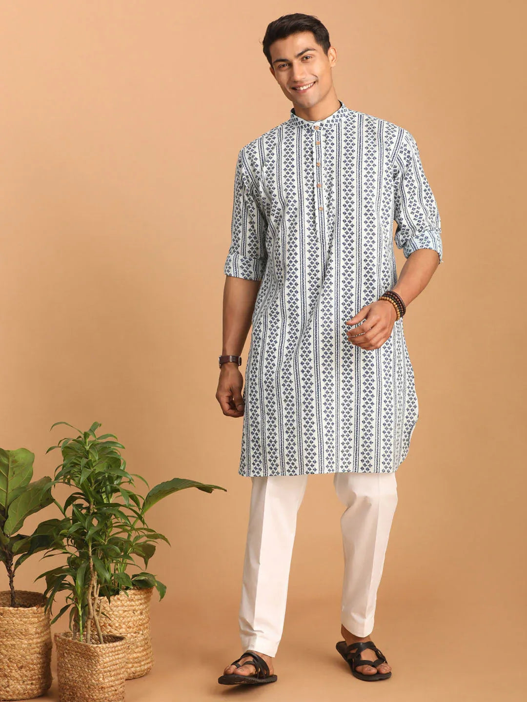 Men's White And Blue Geometrical Striped Printed Curved Kurta With White Pant Set