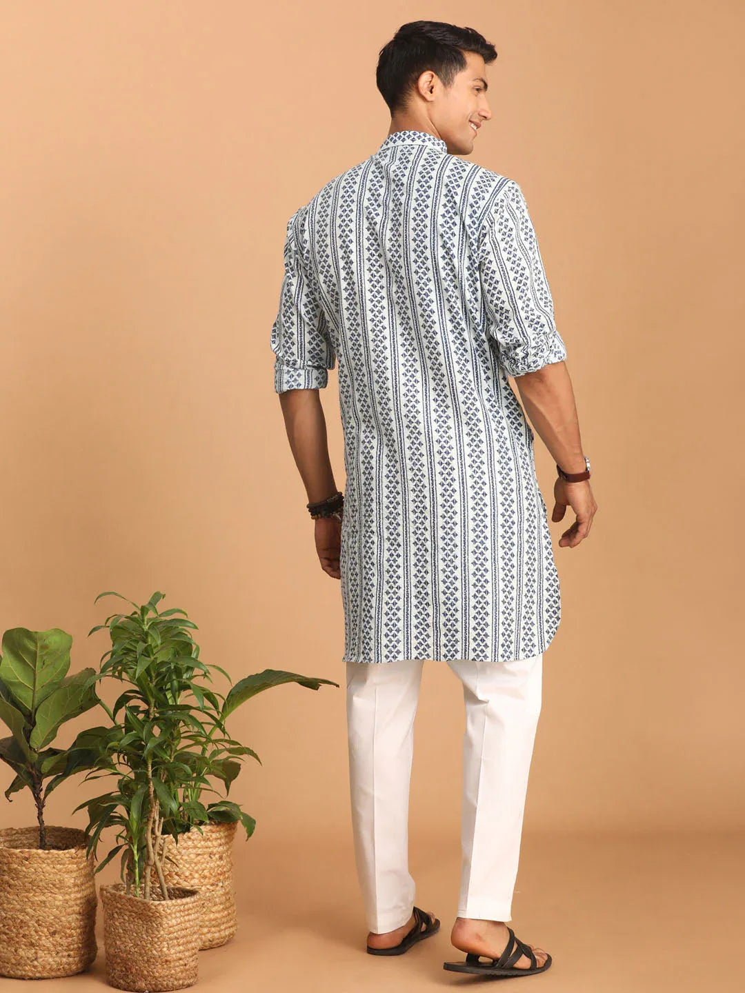 Men's White And Blue Geometrical Striped Printed Curved Kurta With White Pant Set
