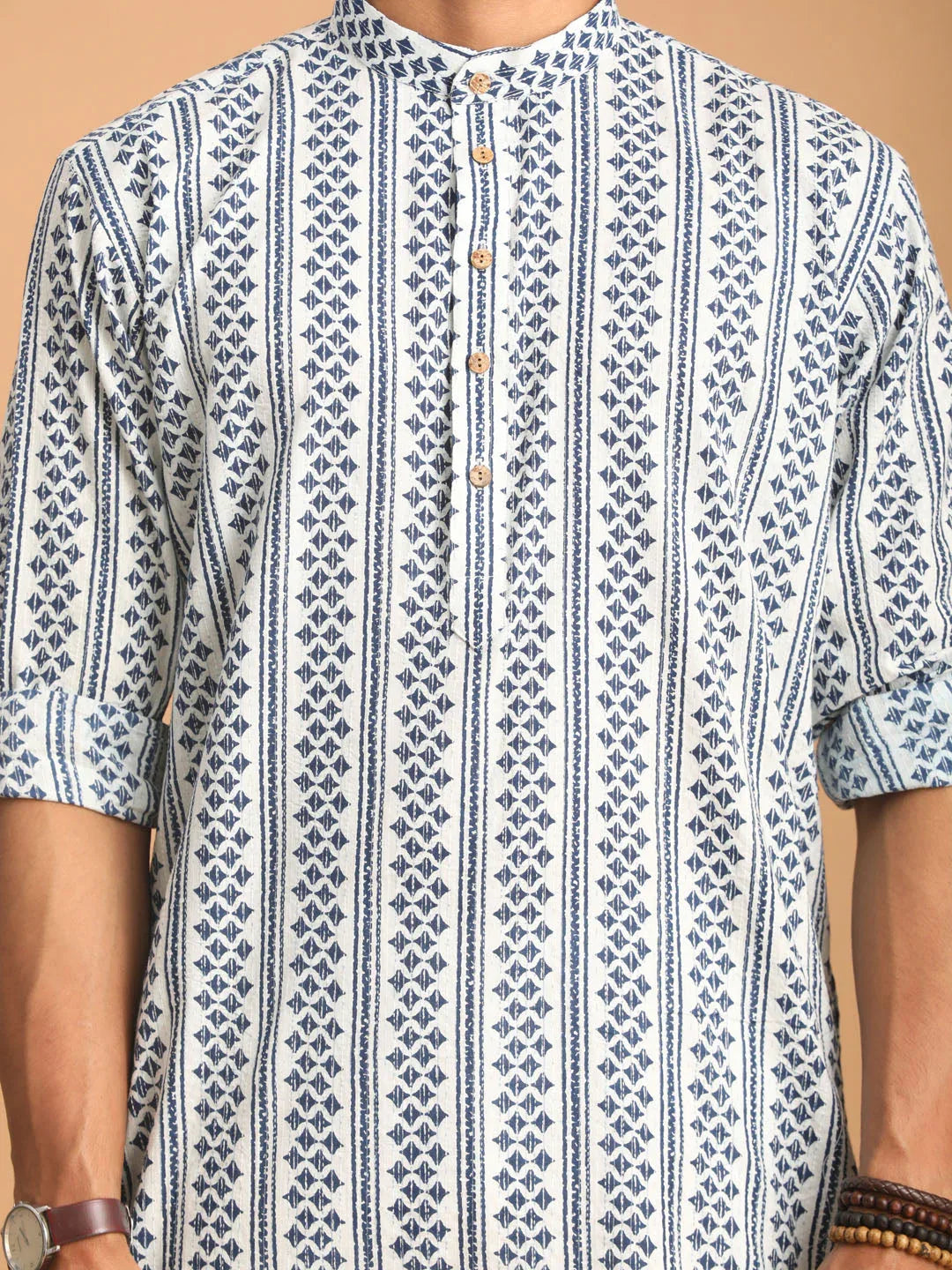 Men's White And Blue Geometrical Striped Printed Curved Kurta With White Pant Set