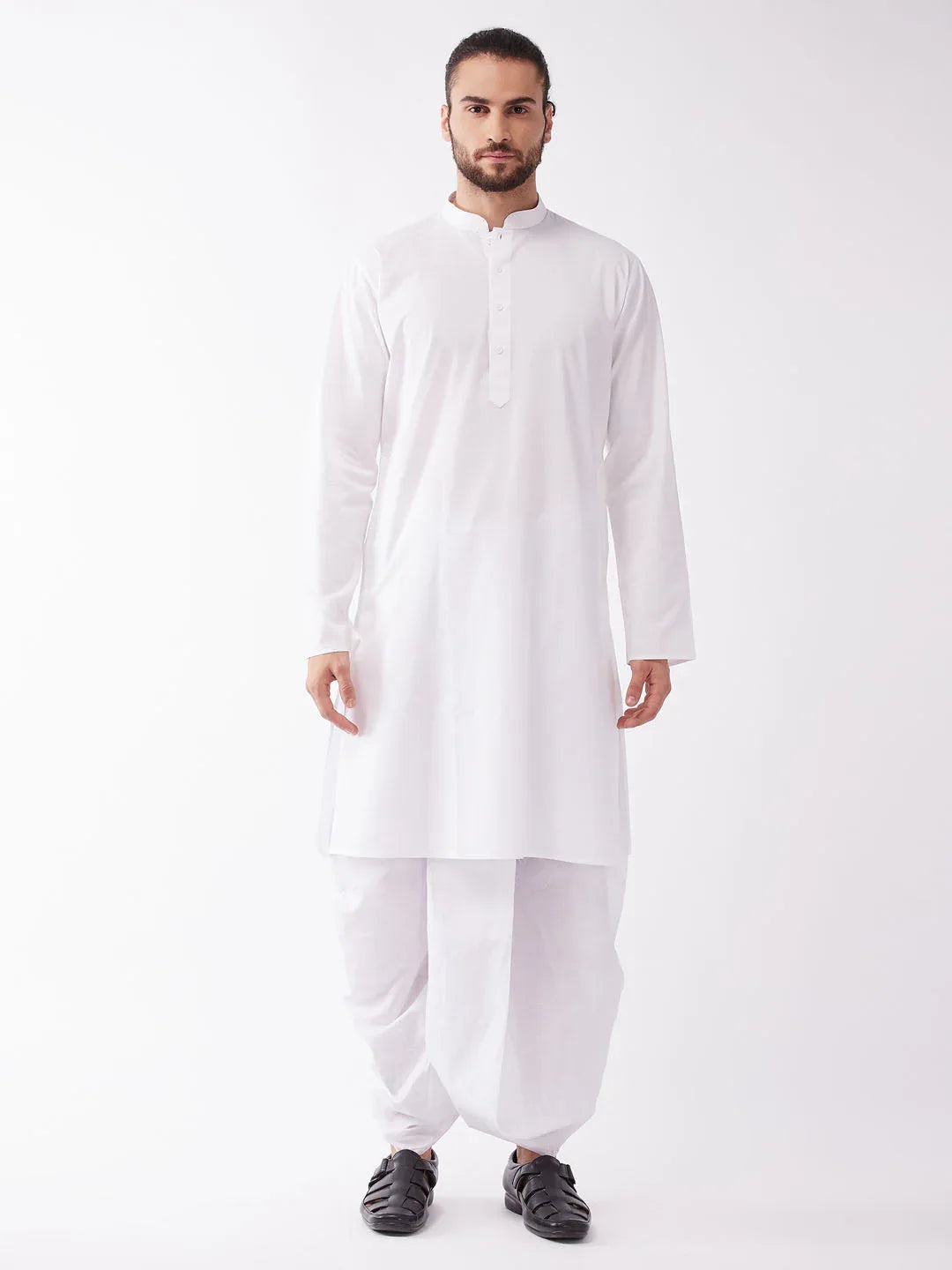 Men's White Cotton Blend Kurta And Dhoti Set