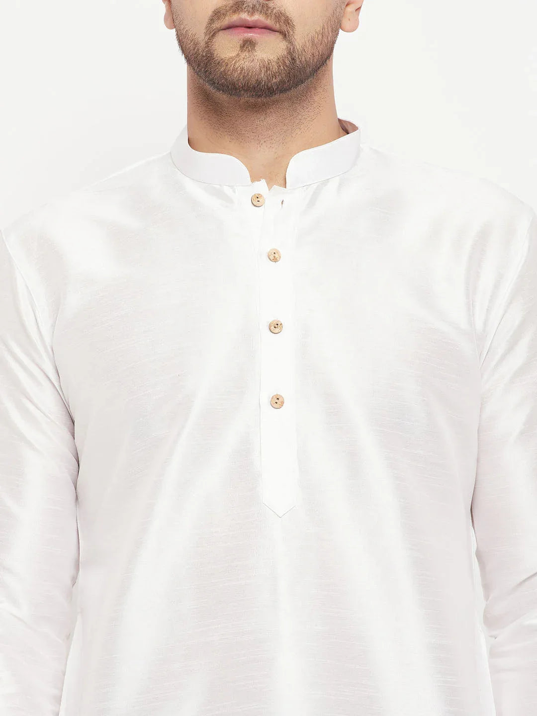 Men's White Cotton Silk Blend Kurta And Black Pant Style Pyjama Set