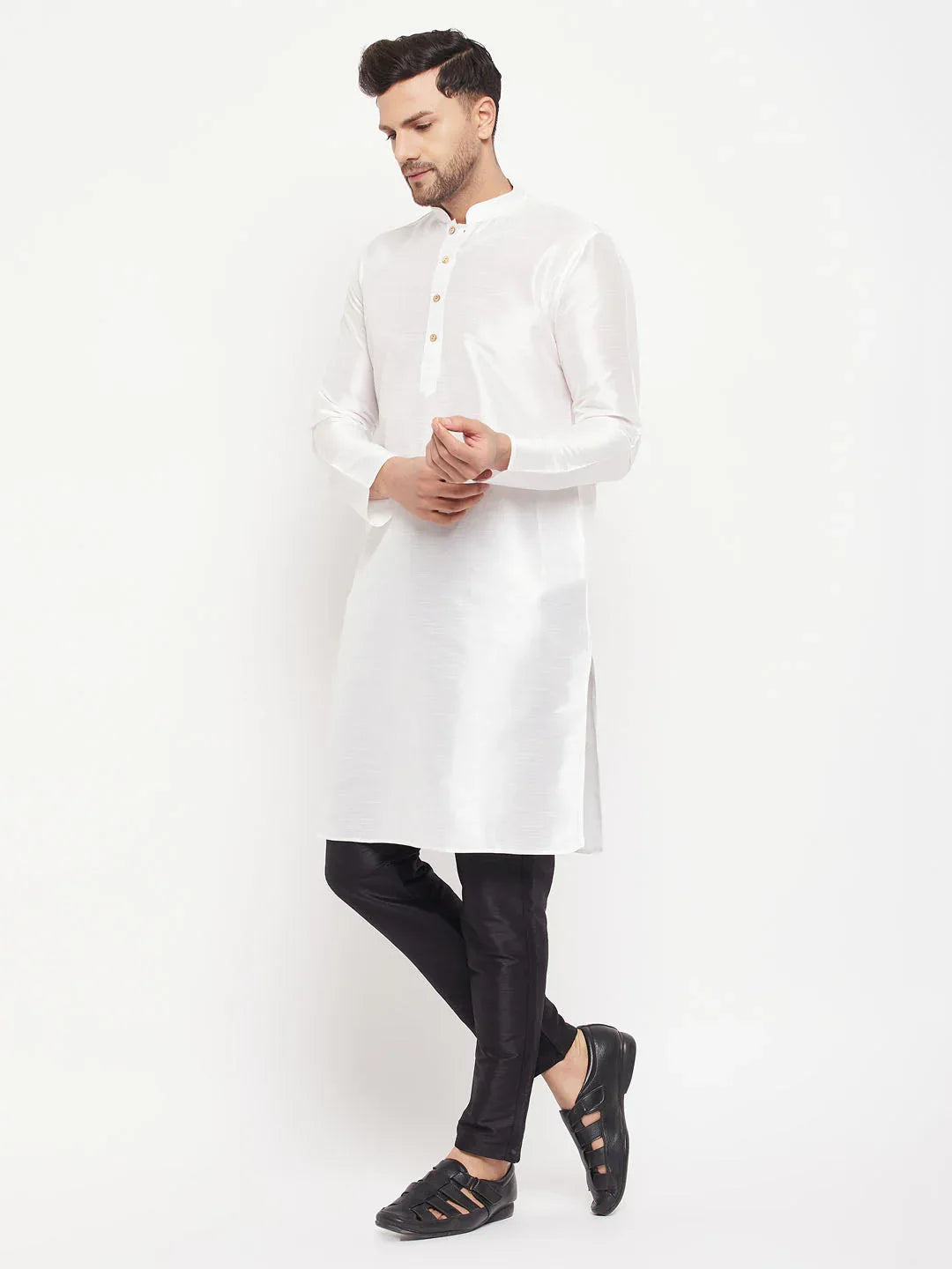 Men's White Cotton Silk Blend Kurta And Black Pant Style Pyjama Set