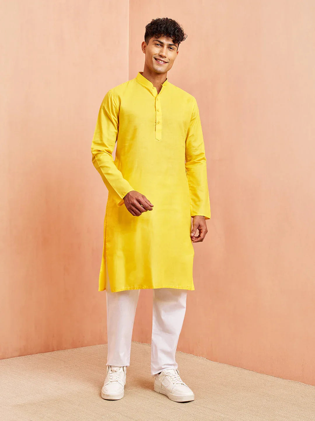 Men's Yellow Cotton Kurta with White Pyjama Set