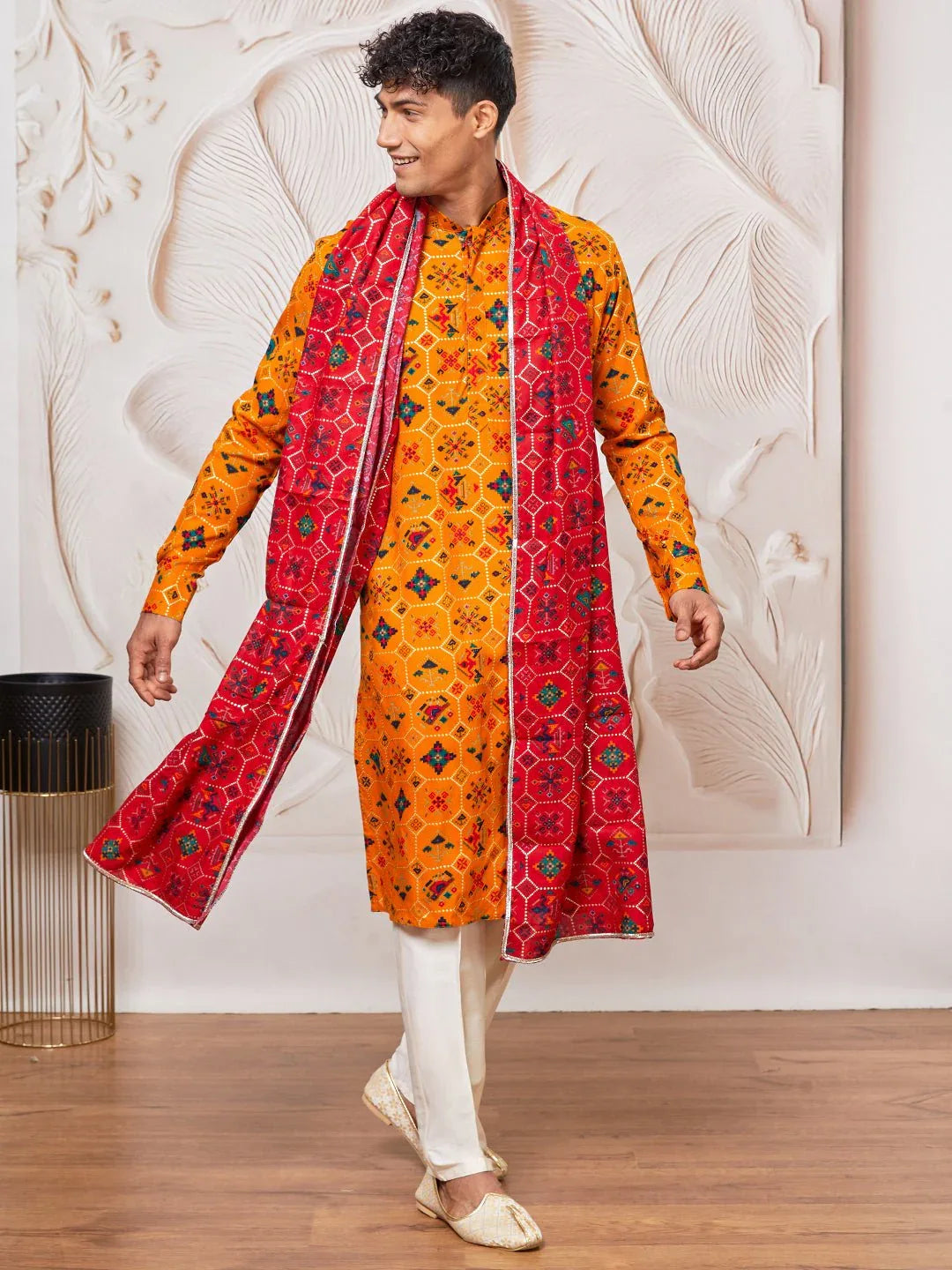 Men's Yellow Patola Print Silk Blend Kurta Pyjama Set with Red Printed Dupatta