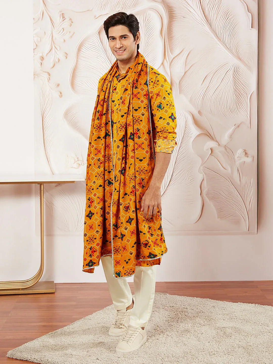 Men's Yellow Silk Blend Kurta Pyjama Dupatta Set