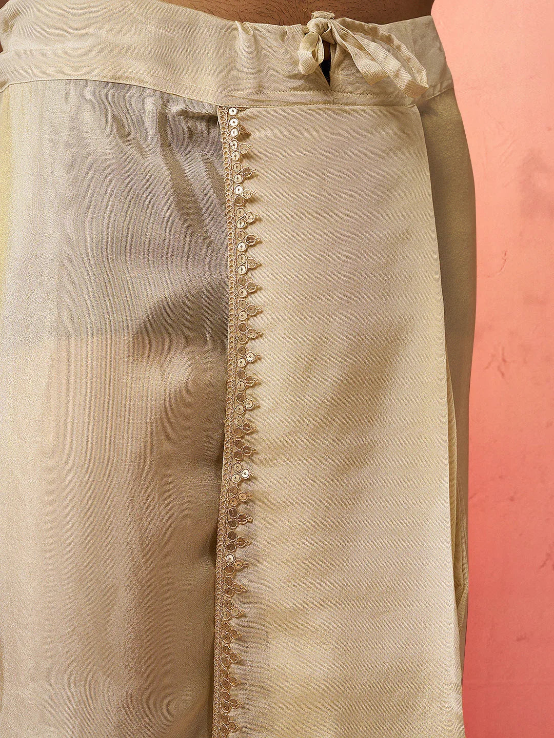 Men's Yellow Viscose Embroidered Kurta with Beige Tissue Dhoti Set