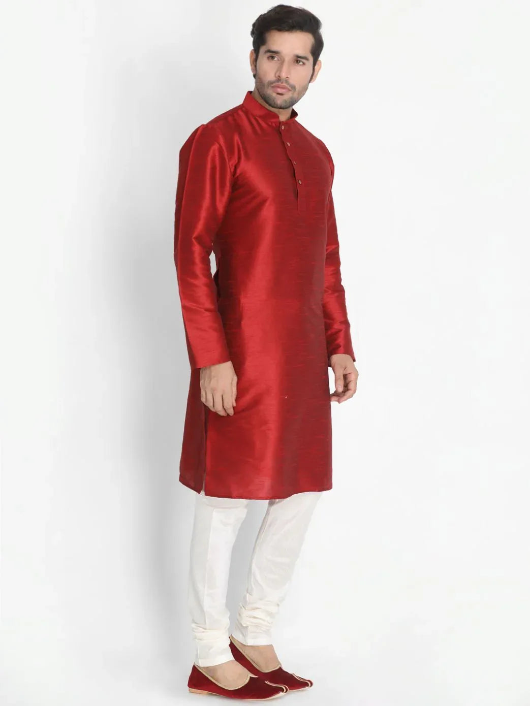 VASTRAMAY Men's Maroon Cotton Silk Blend Kurta and Pyjama Set
