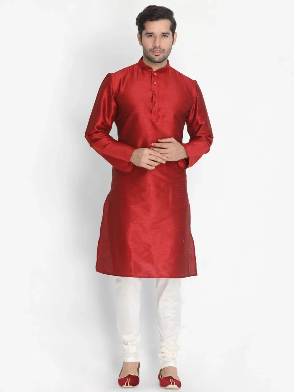 VASTRAMAY Men's Maroon Cotton Silk Blend Kurta and Pyjama Set
