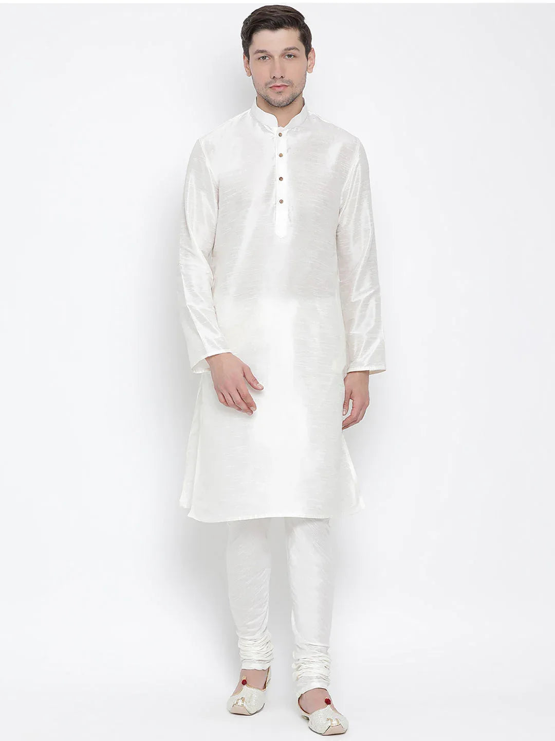 VASTRAMAY Men's White Cotton Silk Blend Kurta and Pyjama Set