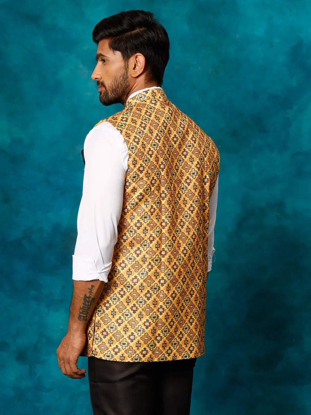 Yellow Geometric Print Embellished Nehru Jacket