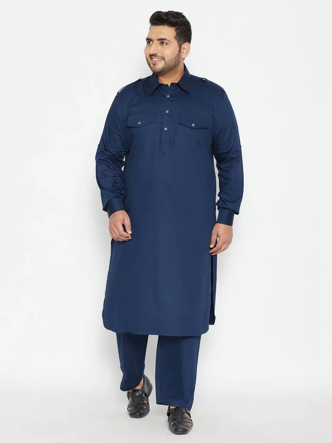 Men's Plus Size Blue Cotton Blend Pathani Set