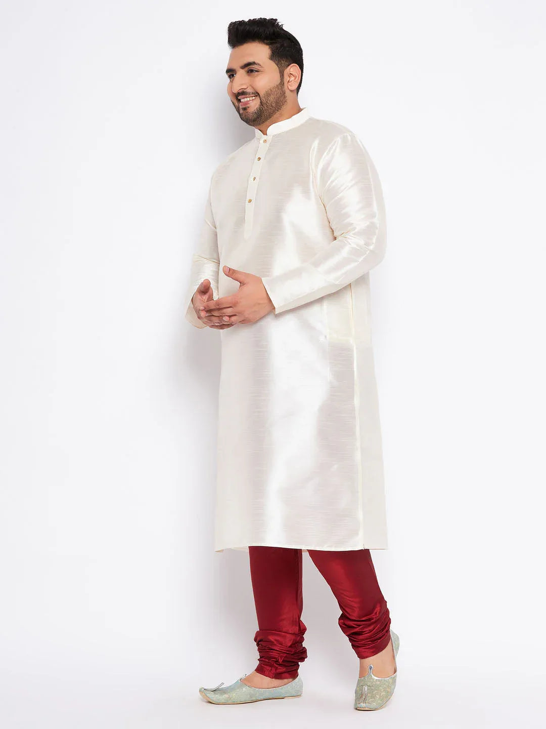 Men's Plus Size Cream Silk Blend Kurta Pyjama Set