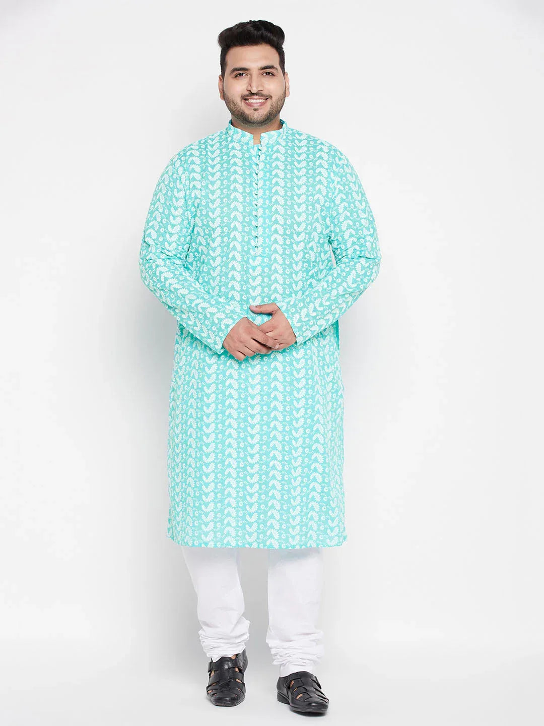 Men's Plus Size Green Chikankari Embroidered Kurta