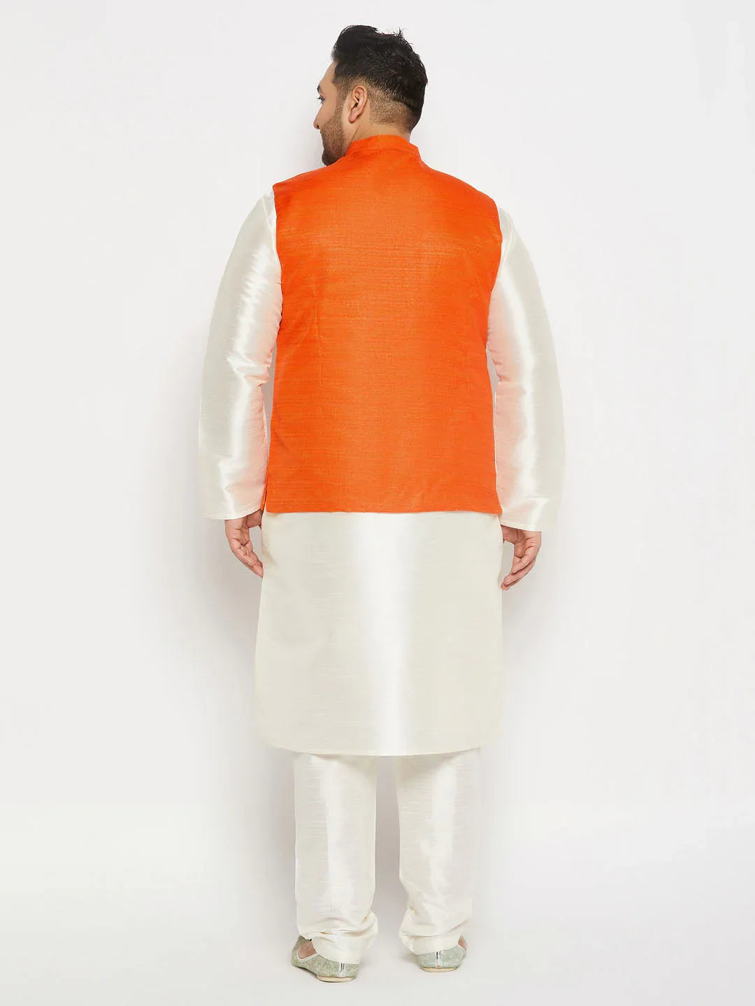 Men's Plus Size Orange Matka Silk Nehru Jacket With Cream Silk Blend Kurta And Pant Style Pyjama Set